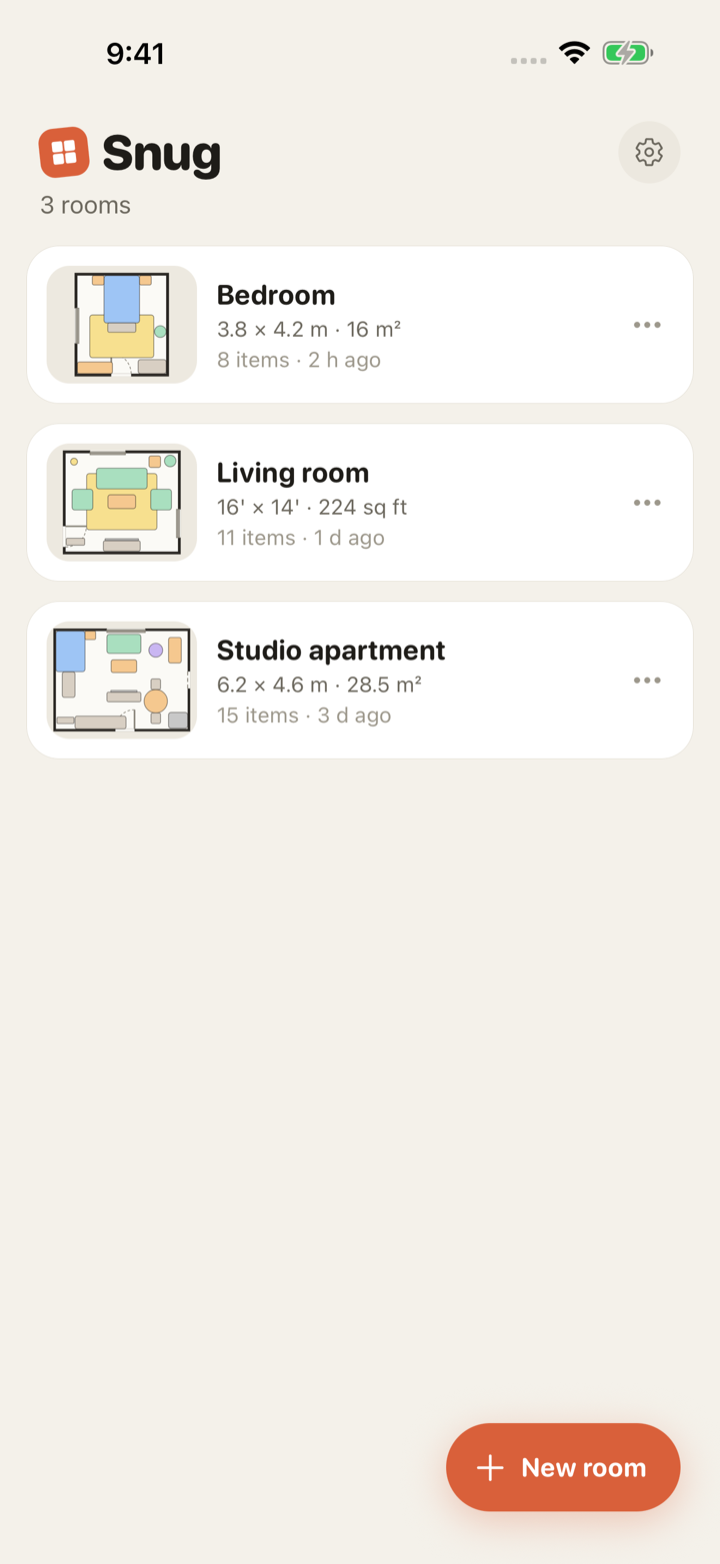 Snug home screen listing a bedroom, a living room and a studio apartment with to-scale thumbnails