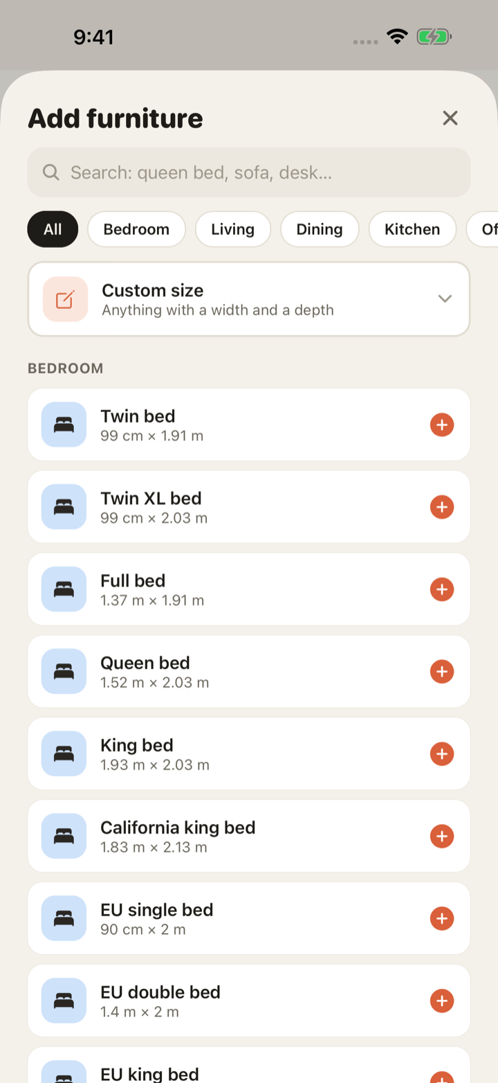 Snug furniture library showing bed sizes from twin to EU king with dimensions