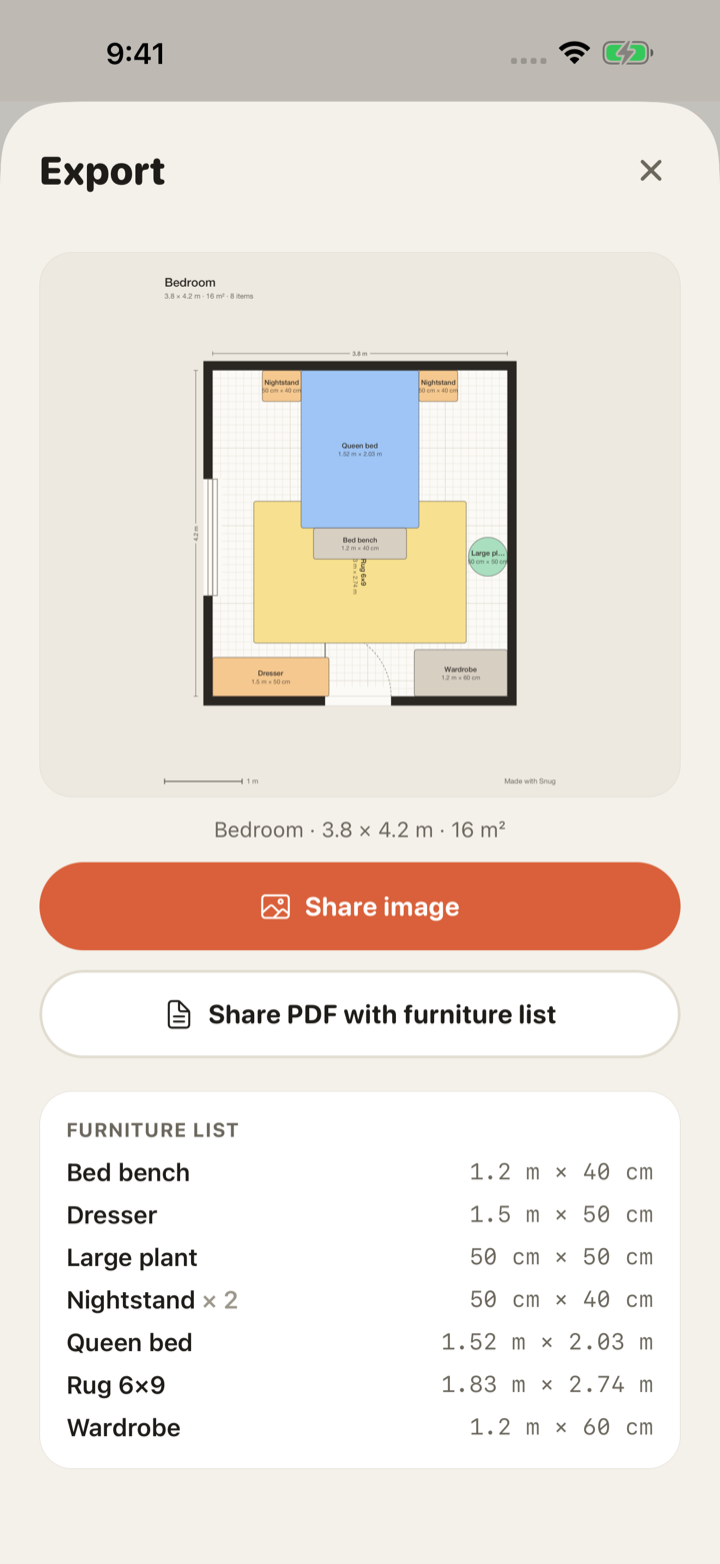 Snug export sheet with a paper-style plan preview, share buttons and a furniture list with dimensions