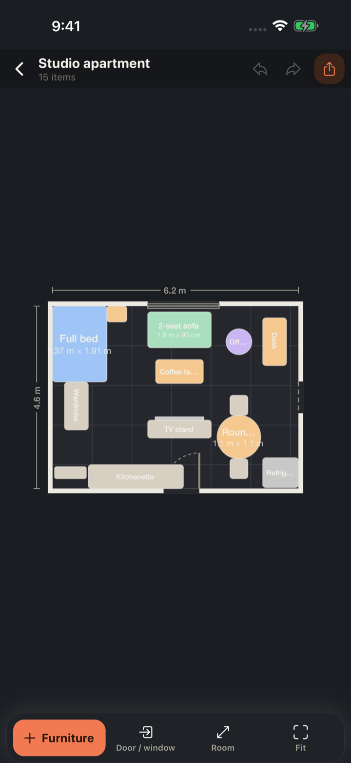 Snug in dark mode showing a furnished studio apartment plan